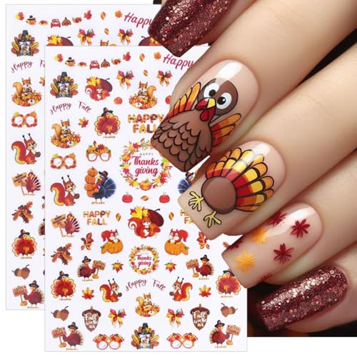 5D Embossed Thanksgiving Turkey Nail Stickers - 6 Sheets Fall Autumn Leaf Pumpkin Nail Decals Self-Adhesive Art Designs