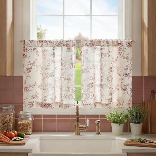 jinchan Floral Linen Kitchen Tier Curtains - 24 Inch, 2 Panels