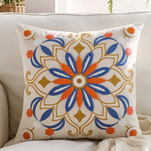 Embroidered Floral Throw Pillow Cover 22x22 - Orange & Blue