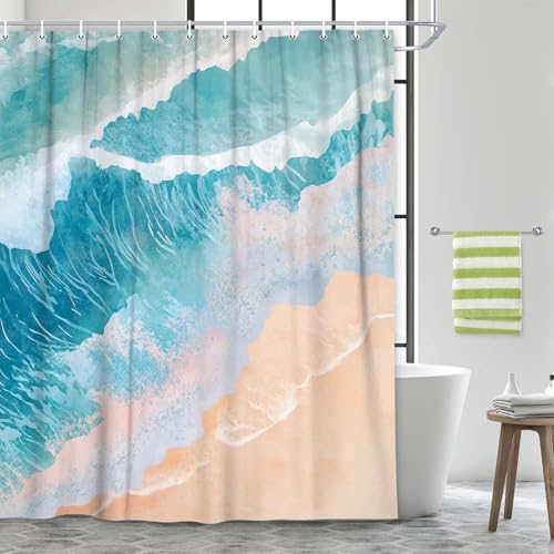 Grtuspr 72x72 Inch Waterproof Seascape Shower Curtain with 12 Hooks - Ocean Waves Beach Bathroom Decor