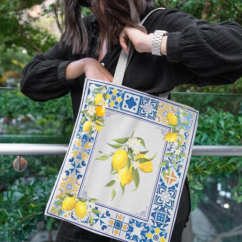 Sitsink Boho Lemon Print Tote Bag - Aesthetic Canvas Book Lover Gift