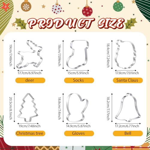 Christmas Cookie Cutters Set - Extra Large 8 Inch Classic Holiday Shapes - Santa, Stocking, Mitten, Bell, Tree, Reindeer - 6 Piece