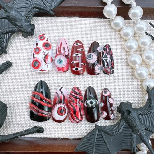 Halloween Press on Nails Medium Almond Fake Nails with 3D Bloody Eyeballs