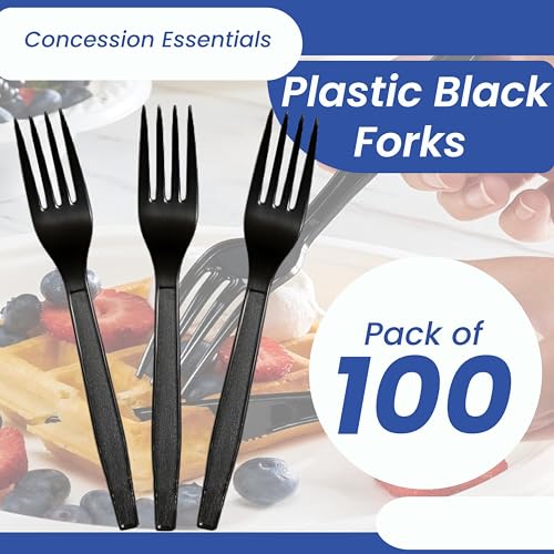 Concession Essentials 7.25" Heavy Weight Plastic Forks, Black, 100ct Wrapped