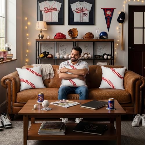 Breling Baseball Themed Throw Pillow Covers - 18x18 Inch Plush Set