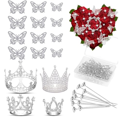 Silver Flower Bouquet Accessories Set with Tiaras, Butterfly Decorations & Pins