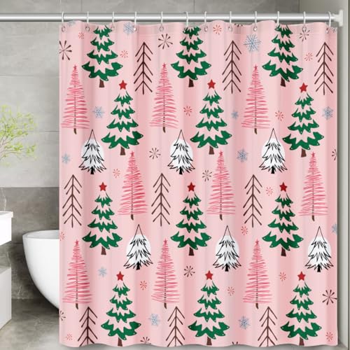 MelonBoat Christmas Shower Curtain, Pink Xmas Tree Fabric Bath Curtain 72x72