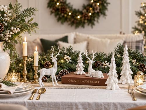 White Christmas Reindeer Decor Set - Resin Woodland Holiday Figurines & Trees