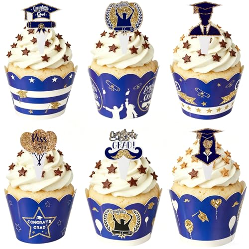 Graduation Cupcake Toppers & Wrappers Set - 24PCS Blue Grad Decorations