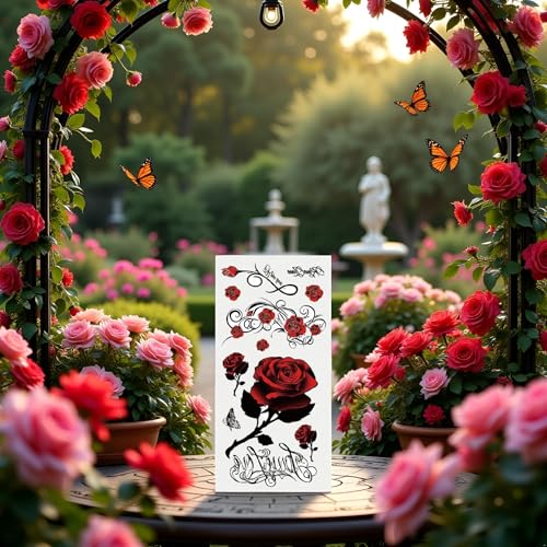 Red Temporary Tattoo Stickers Set - 20 Pcs Rose Butterfly Dragon Floral