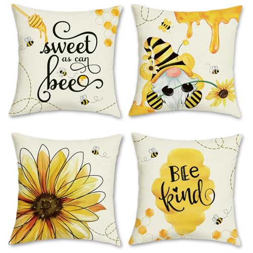 Summer Bee Throw Pillow Covers Set of 4 - 18x18 Inch Gnome Sunflower Design