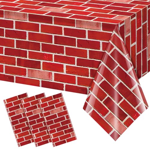 3 Pack Red Brick Tablecloths 108x54 inch - Disposable Plastic Covers
