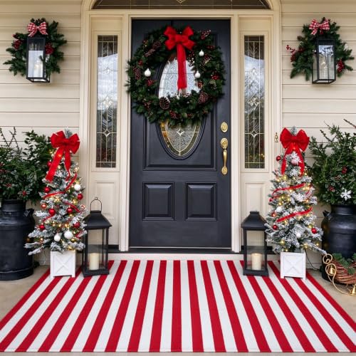 Christmas Outdoor Mat 4x6 ft Red and White Striped Rug Front Porch Decor - Layered Welcome Doormat