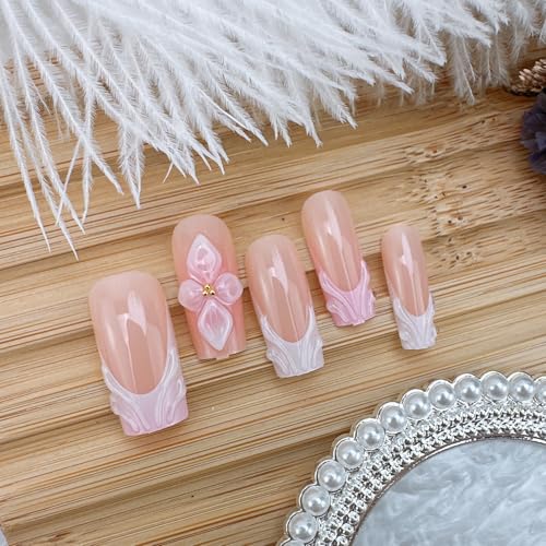 PSBRBAD Long Square French Press on Nails with 3D Flower and Pearl