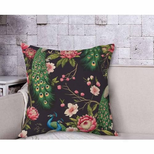 Peacock on Cherry Tree Throw Pillow Cover, 18x18 Inch Cotton Linen Cushion