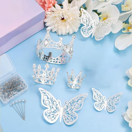 Silver Flower Bouquet Accessories Set with Tiaras, Butterfly Decorations & Pins