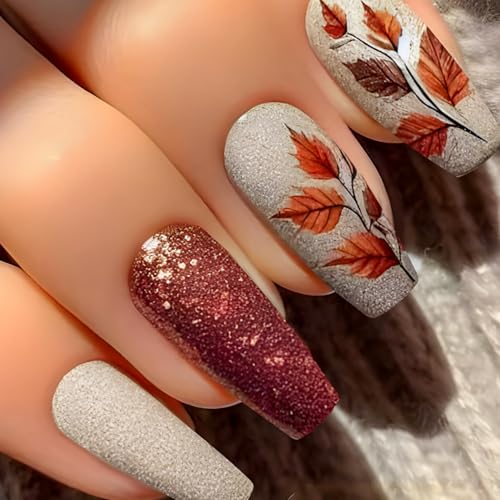 Fall Maple Leaf Press on Nails Medium Coffin Fake Nails with Glitter