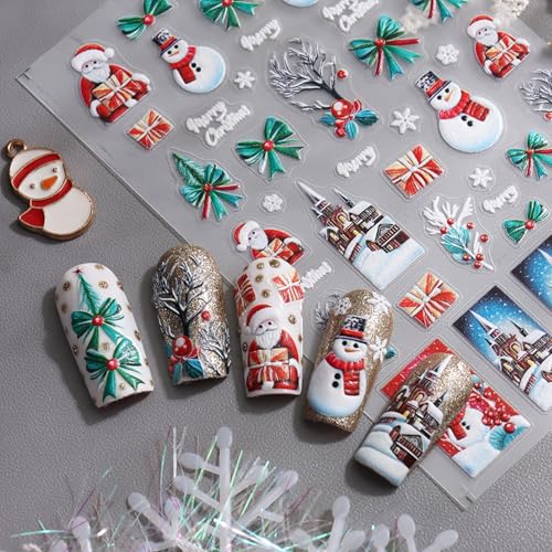TailaiMei Christmas Nail Decals Stickers - 3 Sheets Self-Adhesive Santa Snowman Holiday Nail Art Decorations