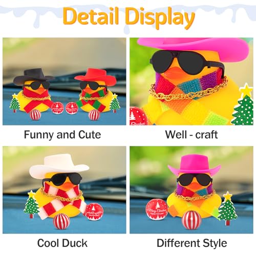 Wonuu Christmas Rubber Duck - Squeaking Mini Ducky Car Dashboard Ornament with Cowboy Hat and Holiday Accessories