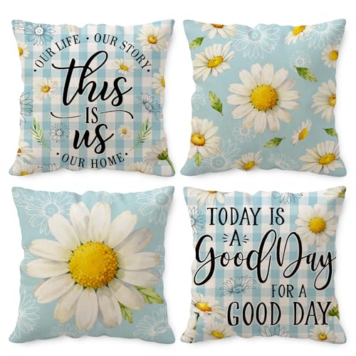 Unibyby 18x18 Floral Daisy Linen Throw Pillow Covers, Set of 4 (Daisy-2026)