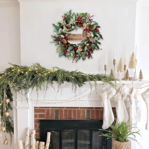24 Inch Artificial Christmas Wreath with Pine Cones and Red Berries for Indoor Outdoor Decor
