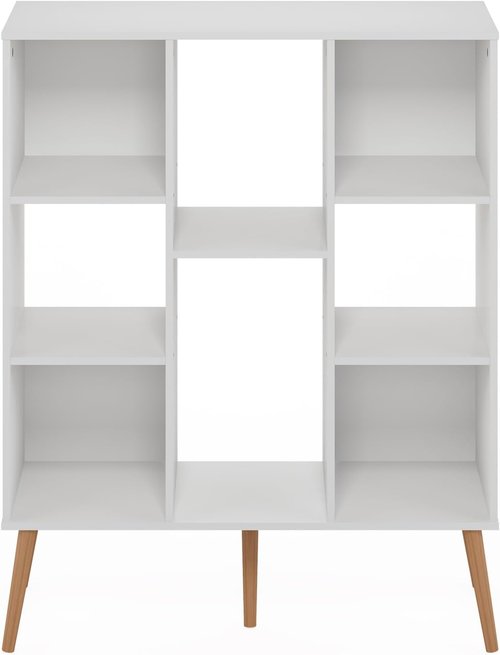 Furinno Claude Mid Century Book Shelf - 8-Cube Storage Organizer with Wood Legs | White, 10.9 x 31.5 x 39.3