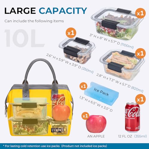 Large Insulated Lunch Bag for Women & Men 10L Leakproof Cooler Tote Yellow