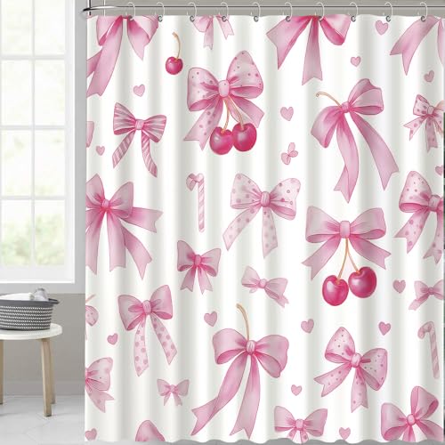Pink Bow Shower Curtain 72x72 Inch with Cherry Design & Hooks