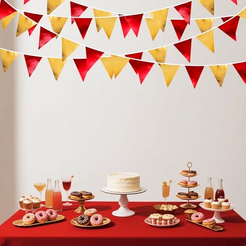 Red Gold Party Decorations Metallic Fabric Triangle Pennant Banner - 32ft, Reusable