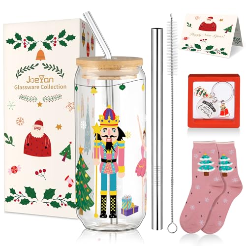 Joeyan Christmas Glass Cups with Lids and Straws - Style 14, 20oz Nutcracker Tumbler Gift Set