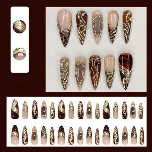 Long Almond French Tip Press on Nails Chrome Gold Leopard Print False Nails