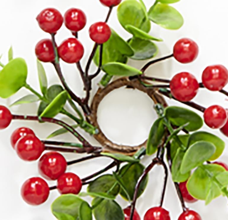 Skiennix Taper Candle Ring Set - 1.25" Inner Diameter with Red Berries & Eucalyptus Leaves - Set of 6