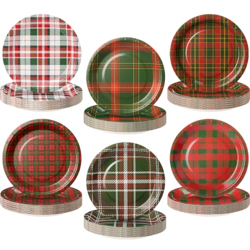 Christmas Plaid Paper Plates Set 120 Pcs - Red, Green, White, 7 Inch