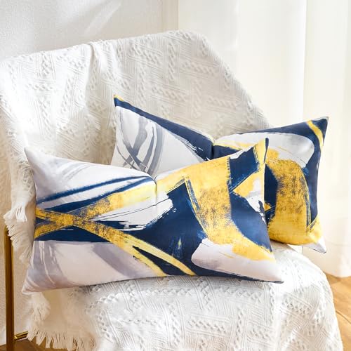 Wosendy Navy Blue Lumbar Throw Pillow Covers 12x20, Set of 2 Abstract Gold