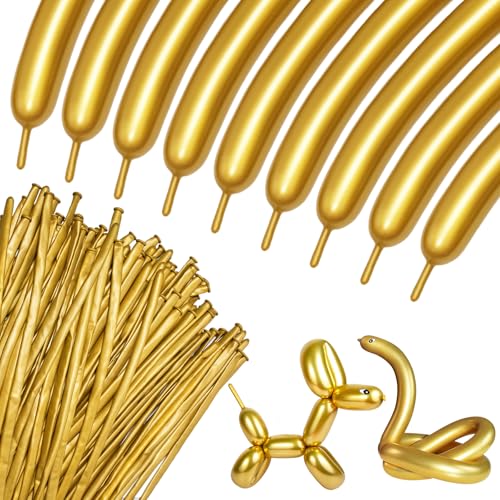 Gold Metallic Long Balloons for Balloon Animals and Decorations - 100Pcs
