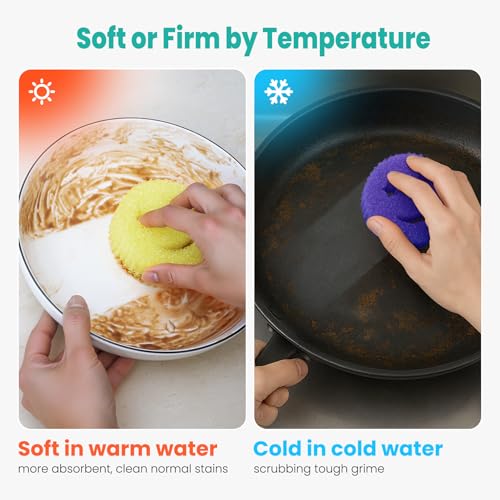 HELIME Temperature Controlled Non-Scratch Dish Sponges - 3Pcs Pink/Yellow/Purple