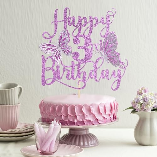 3D Butterfly Cake Topper for 3rd Birthday Party - Purple Glitter