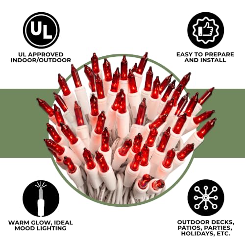 Red Incandescent Christmas Lights String - 100 Bulbs on White Wire, Indoor & Outdoor