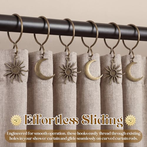 Sun and Moon Shower Curtain Hooks - 12 Pcs Boho Bronze Bathroom Decor