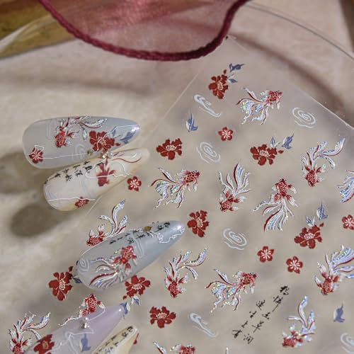 5D Embossed Golden Koi Fish Nail Art Stickers Spring Flowers Decals