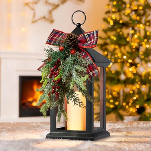 Christmas Decorative Lantern with LED Candle - Black Holiday Lantern with Pinecones & Red Bow - Battery Operated Indoor/Outdoor Decor - Red Bow Variant
