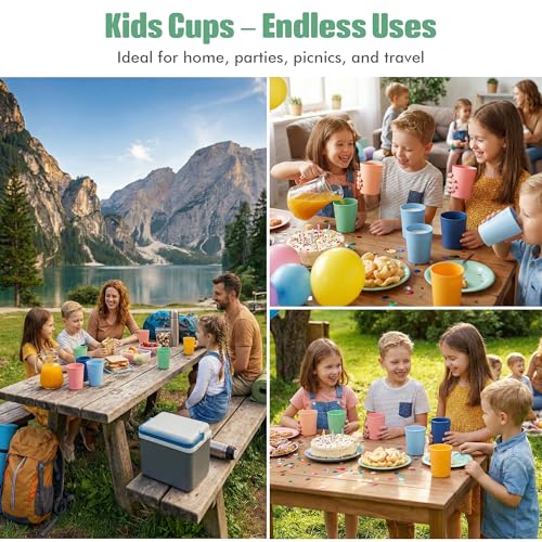Bright 6 Pack Kids Reusable 8oz Plastic Cups - Unbreakable, Toddler Friendly