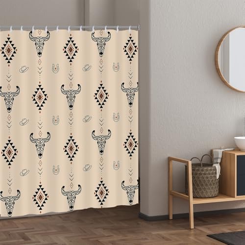 Western Aztec Shower Curtain - Vintage Bull Skull & Cowboy Hat, 72x72