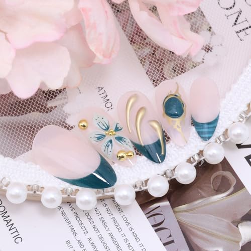 BUNLVDI Blue French Tip Press on Nails Medium Almond Flower False Nails 24Pcs