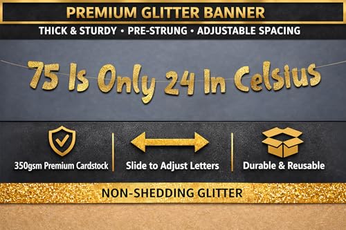 75th Birthday Gold Glitter Banner - Pre-Strung Party Decoration