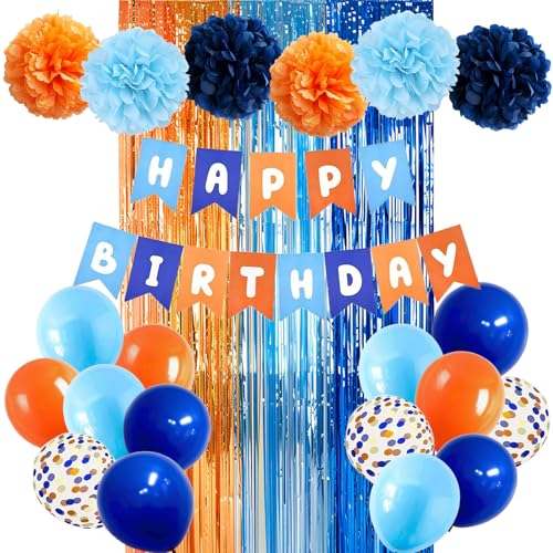 Blue and Orange Party Decorations Set with Balloons Banner Pompoms Fringe Curtain