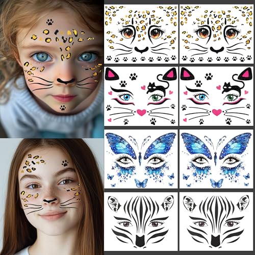 8Pcs Halloween Temporary Tattoos For Kids - Cat & Animal Sticker Designs