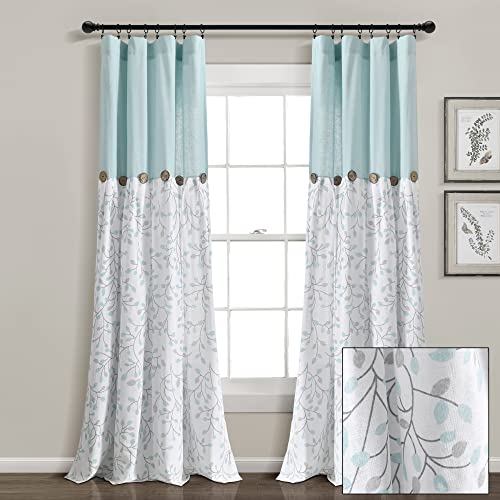 Lush Decor Linen Button Botanical Garden Window Curtain Panel Single 40" W x 84" L Blue & Gray - Farmhouse Curtains for Bedroom - Living Room Curtains