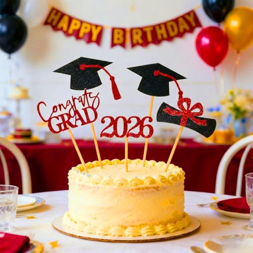 36 Pcs 2026 Graduation Cupcake Toppers Glitter Red And Black Party Picks