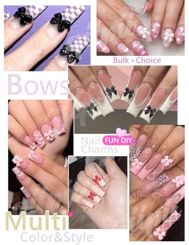 qiipii 3D Bow Nail Charms & Half Pearl Beads Set, 8-Color Kawaii Bowknot Art Supplies